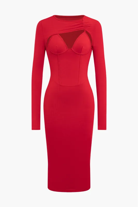 Solid Cut Out Ruched Long Sleeve Midi Dress sold by Micas