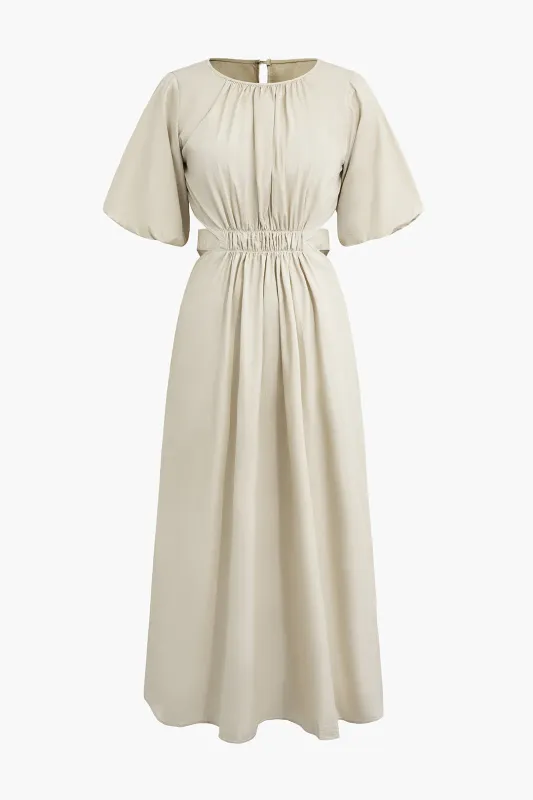Round Neck Ruched Cut Out Tie Up  Puff Sleeve Midi Dress sold by Micas