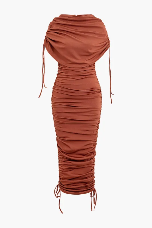 Drawstring Ruched Zipper Sleeveless Midi Dress sold by Micas