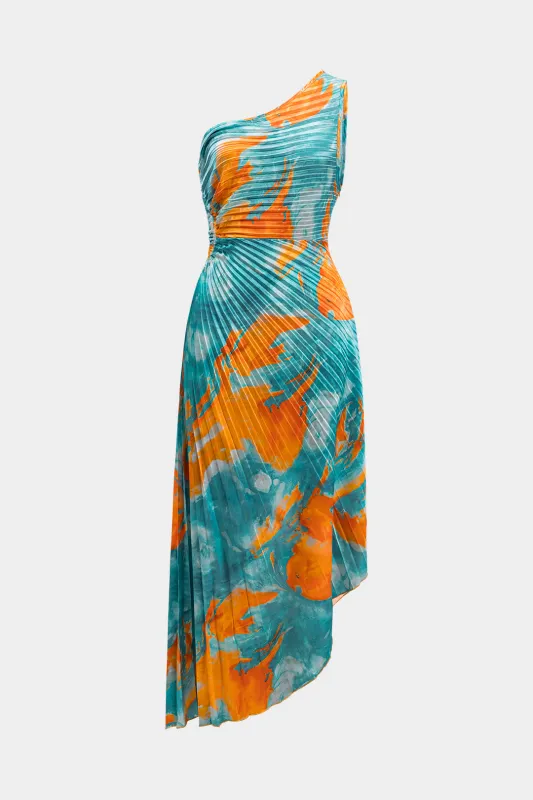 Abstract Print One Shoulder Pleated Sleeveless Maxi Dress sold by Micas