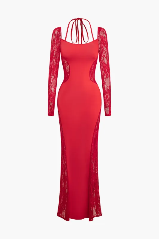 Lace Cut Out Tie Up Long Sleeve Maxi Dress sold by Micas