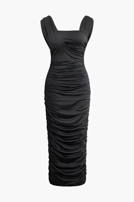 Asymmetrical Ruched Backless Sleeveless Maxi Dress made by Micas