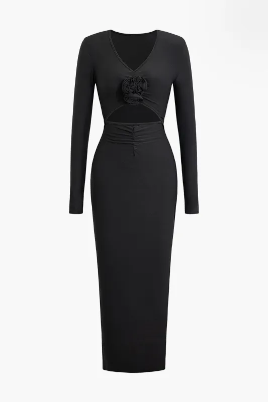 3D Flower Decor V-Neck Cut Out Long Sleeve Maxi Dress sold by Micas