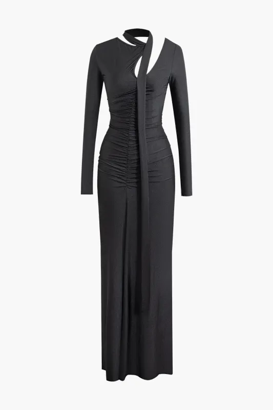 Ruched Asymmetrical Cut Out Long Sleeve Maxi Dress With Scarf sold by Micas