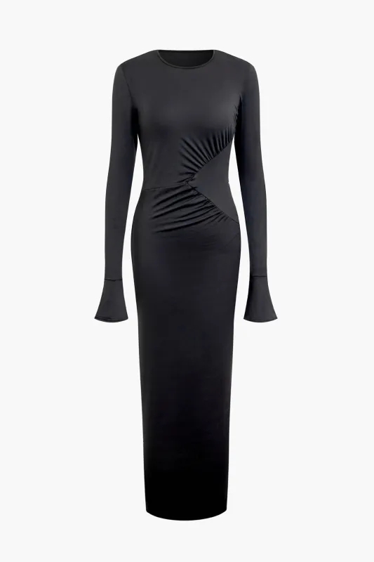 Round Neck Asymmetrical Ruched Long Sleeve Maxi Dress sold by Micas
