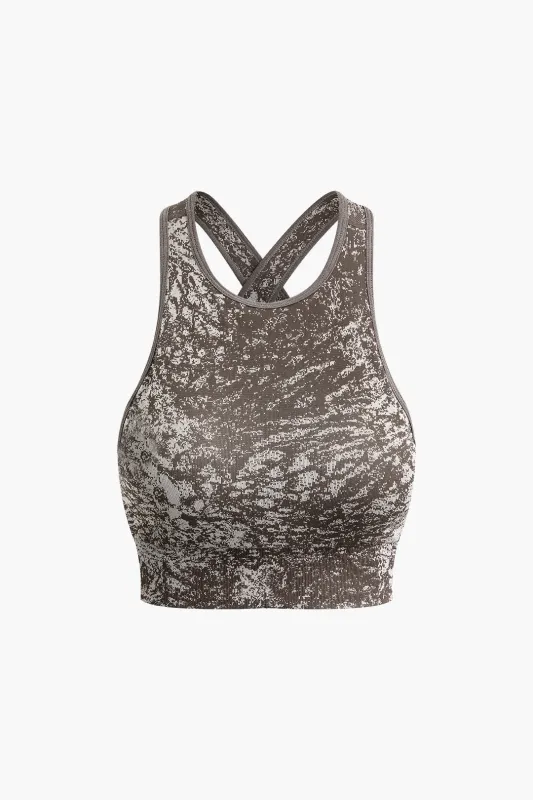 Abstract Print Crossed Cut Out Sports Bra sold by Micas