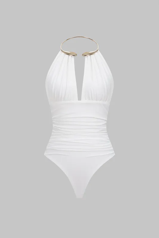 Metallic Decor Halter Neck Ruched Sleeveless Backless Bodysuit sold by Micas