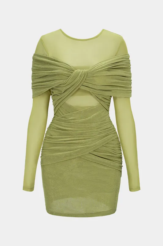 Contrast Mesh Ruched Round Neck Long Sleeve Mini Dress sold by Micas