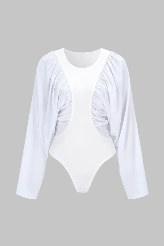 Chiffon Patchwork Ruched Long Sleeve Bodysuit sold by Micas