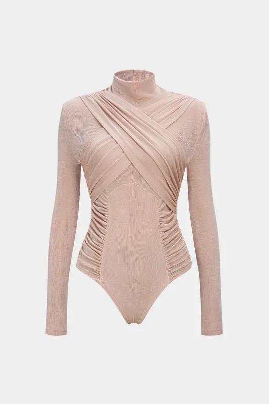 Mock Neck Shoulder Pads Ruched Long Sleeve Bodysuit sold by Micas