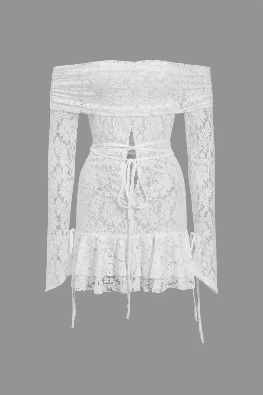 Lace Off Shoulder Tie Up Cut Out Long Sleeve Mini Dress sold by Micas