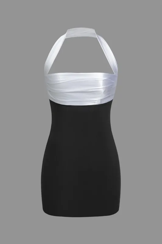 Satin Contrast Halter Neck Sleeveless Mini Dress sold by Micas