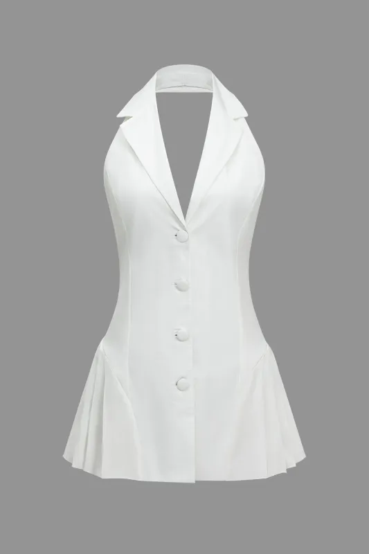 Solid Button Halter Neck Pleated Sleeveless Mini Dress sold by Micas