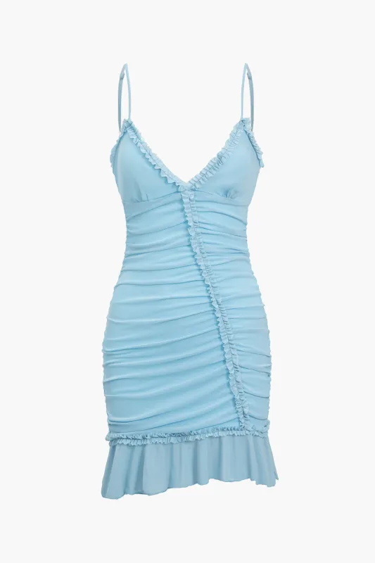 Mesh Asymmetrical Ruched Scallop Edge Hem Sleeveless Mini Dress sold by Micas