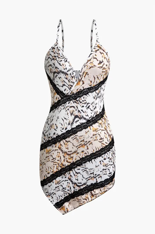 Leopard Print Asymmetrical V-Neck Lace Trim Sleeveless Mini Dress sold by Micas