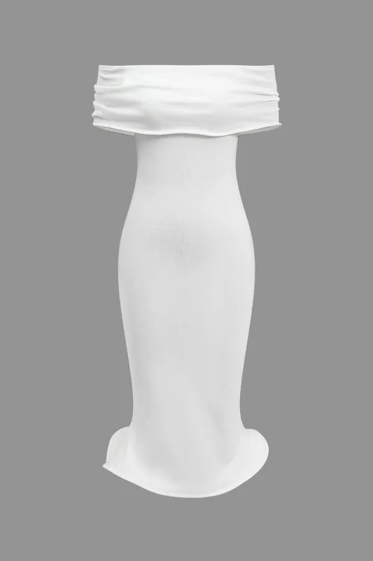 Ribbed Off-Shoulder Scallop Edge Hem Midi Dress sold by Micas