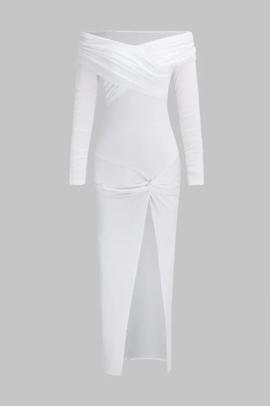 Off Shoulder Twist Knot Side Slit Long Sleeve Midi Dress sold by Micas