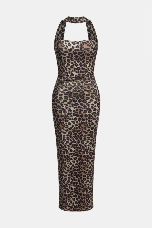 Leopard Print Halter Neck Backless Slit Sleeveless Maxi Dress sold by Micas