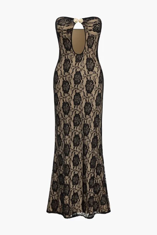 Lace Flower Print Metalic Decor Cut Out Maxi Dress sold by Micas