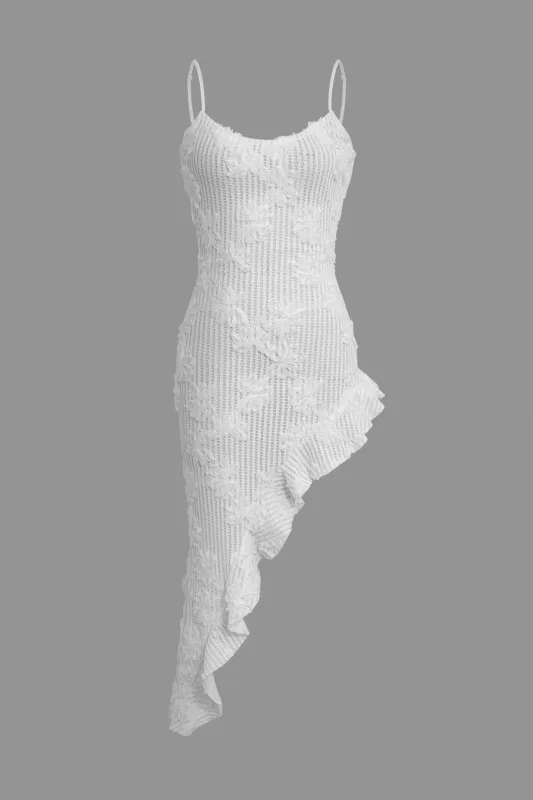 3D Texture Print Asymmetrical Ruffle Sleeveless Midi Dress sold by Micas