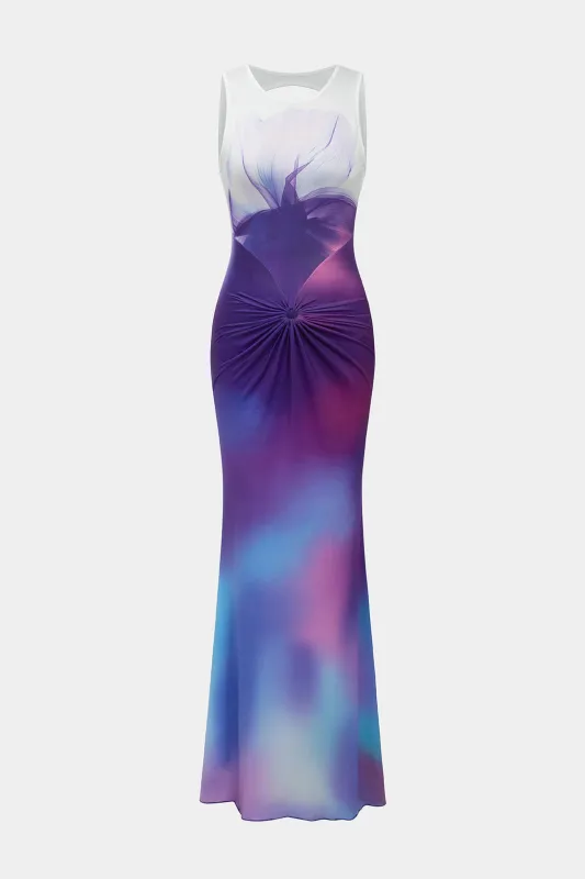 Ombre Floral Print Backless Ruched Sleeveless Maxi Dress sold by Micas