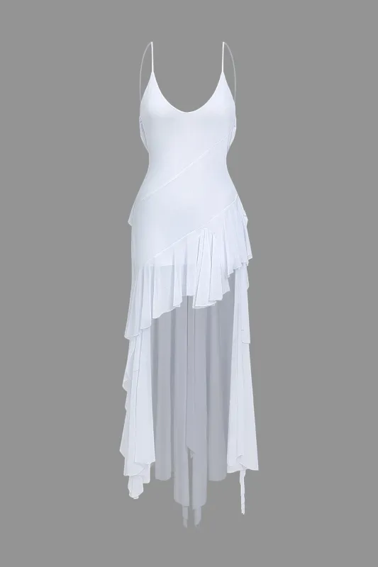 Mesh Backless Asymmetrical Ruffle Sleeveless Maxi Dress sold by Micas