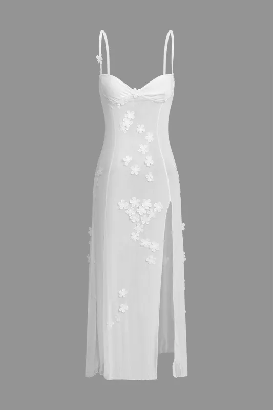 Mesh Flower Decor Slit Sleeveless Midi Dress sold by Micas