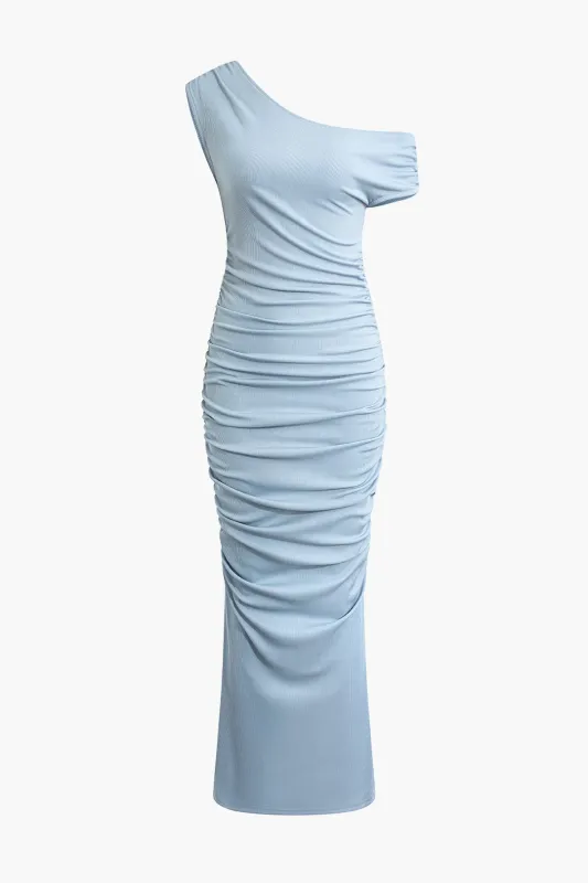 Single Shoulder Ruched Ribbed Sleeveless Maxi Dress sold by Micas