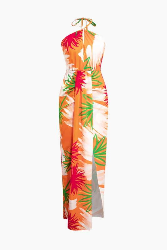 Leaves Print Shirred Halter Neck Tie-Up Slit Sleeveless Maxi Dress sold by Micas