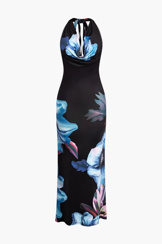 Floral Print Backless Halter Neck Tie Up Sleeveless Maxi Dress sold by Micas