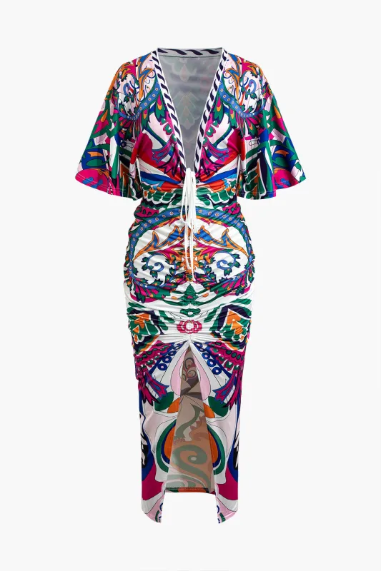 Contrast Print Ruched Drawstring V-Neck Slit Maxi Dress sold by Micas