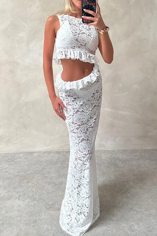 Lace Ruffle Cut Out Asymmetrical Sleeveless Maxi Dress sold by Micas