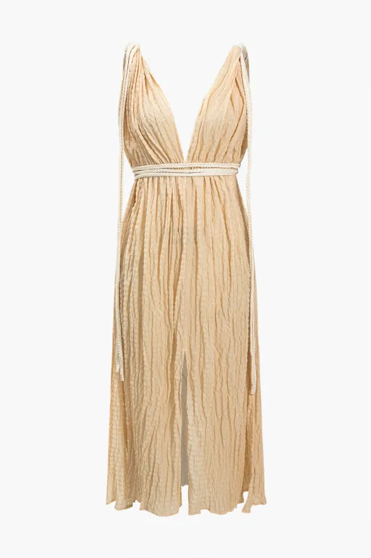 Ruched Slit Tie Up Sleeveless Maxi Dress sold by Micas