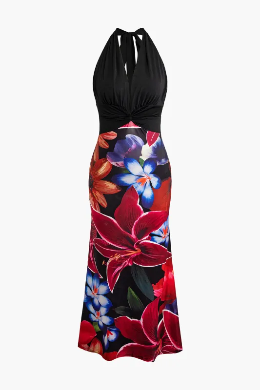 Floral Print Halter Neck Tie Up Backless Patchwork Sleeveless Maxi Dress sold by Micas