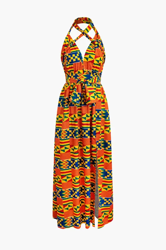 Geometric Print Backless Tie-Up Slit Sleeveless Maxi Dress sold by Micas