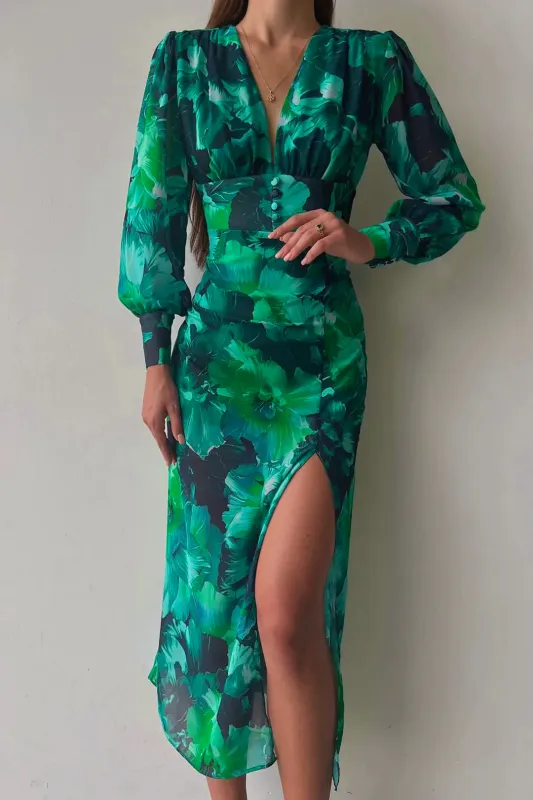 Chiffon Ombre Floral Print V-Neck Long Sleeve Slit Maxi Dress sold by Micas