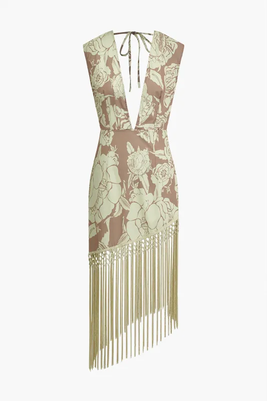 Floral Print V-Neck Tie Up Backless Fringe Hem Sleeveless Maxi Dress sold by Micas