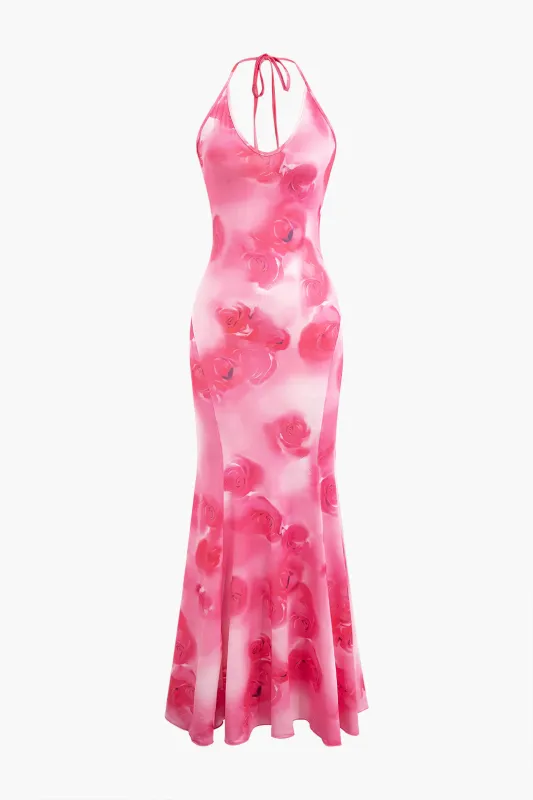 Floral Print Backless Halter Neck Tie Up Maxi Dress sold by Micas