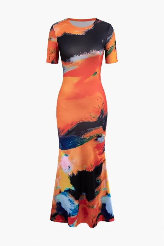 Ombre Print Round Neck Short Sleeve Maxi Dress sold by Micas