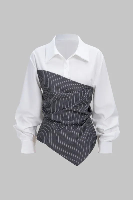 Stripes Print Patchwork Asymmetrical Ruched Long-Sleeve Shirt made by Micas