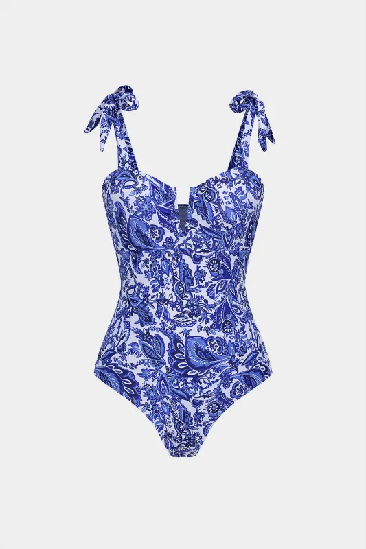 Retro Print V-Neck Tie-Up One-Piece Swimsuit sold by Micas