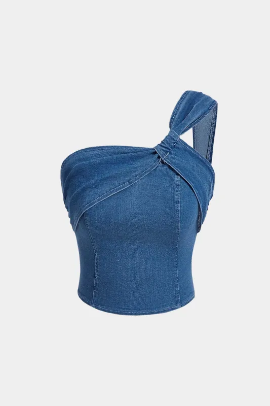 Denim Twist Knot Asymmetrical One Shoulder Tank Top sold by Micas