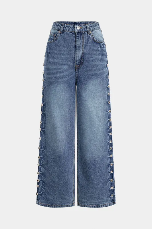 Denim Studded High Waist Straight Leg Jeans sold by Micas