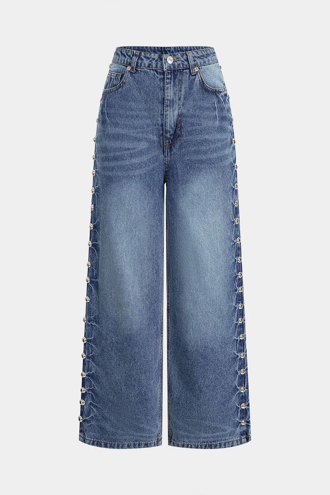Denim Studded High Waist Straight Leg Jeans sold by Micas