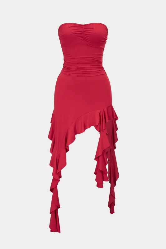 Solid Ruffle Hem Strapless Sleeveless Midi Dress sold by Micas