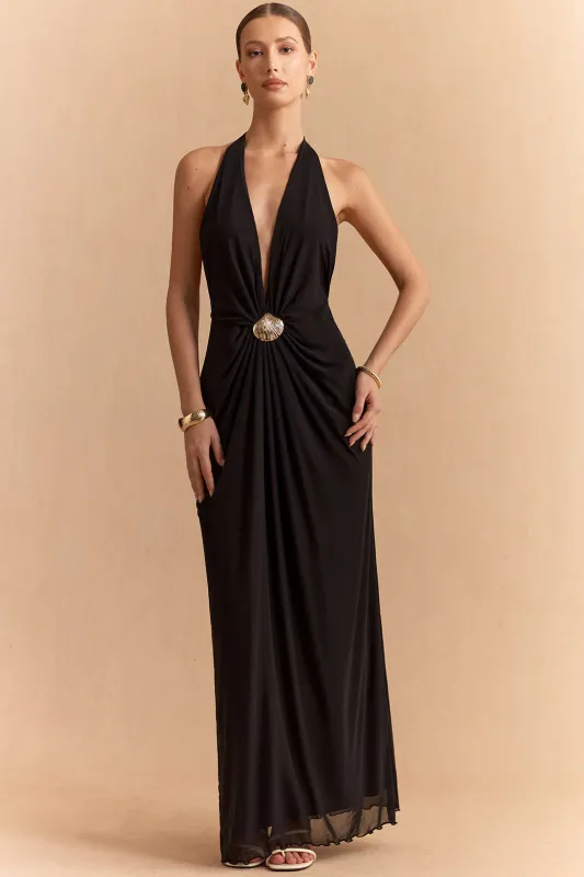 Solid Metallic Halter Neck Backless Sleeveless Maxi Dress sold by Micas