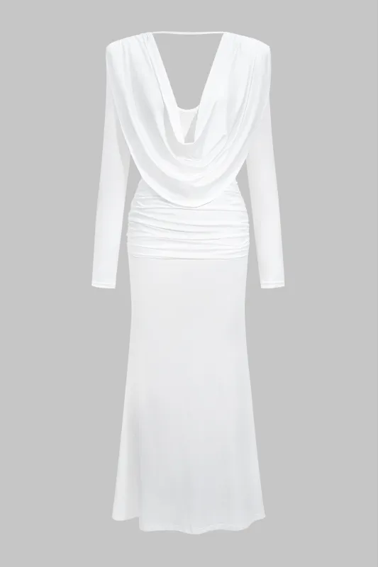 Solid Draped Cowl Neck Shoulder Pads Ruched Backless Maxi Dress sold by Micas