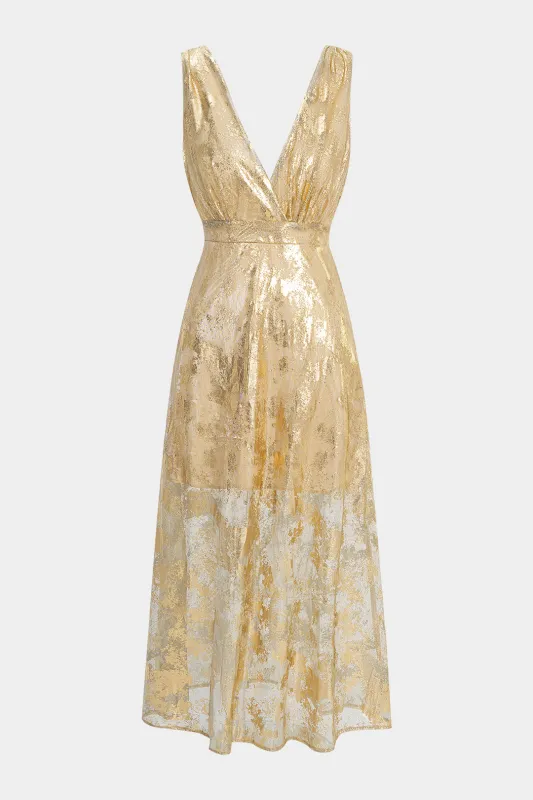 Metallic Print Deep V-Neck Slip Long Sleeve Maxi Dress sold by Micas