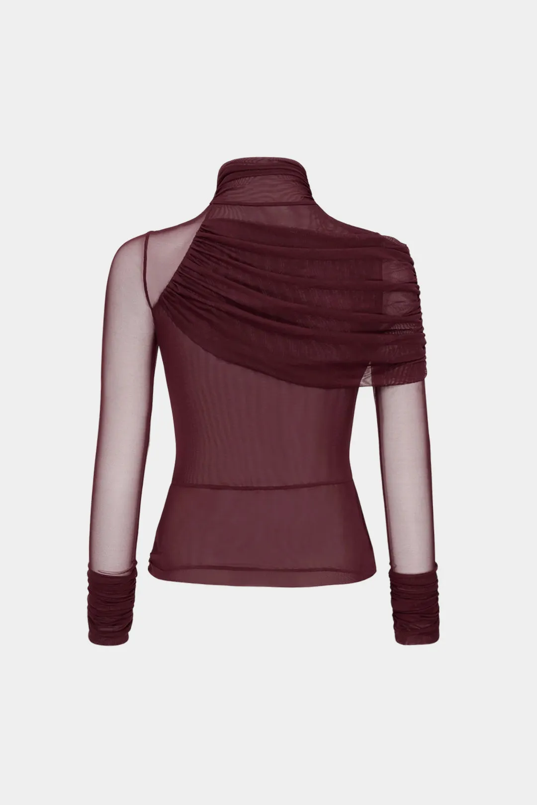 Mesh Mock Neck Ruched Asymmetrical Long-Sleeve Top sold by Micas product image thumbnail 2
