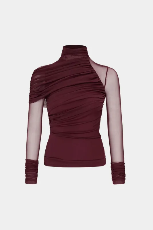 Mesh Mock Neck Ruched Asymmetrical Long-Sleeve Top sold by Micas